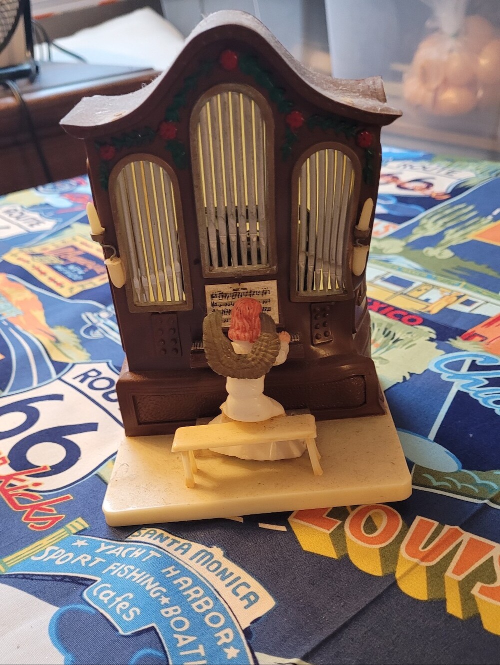 Brown and Cream Holiday Organ Music Box with Angel Figurine, Plays Silent Night